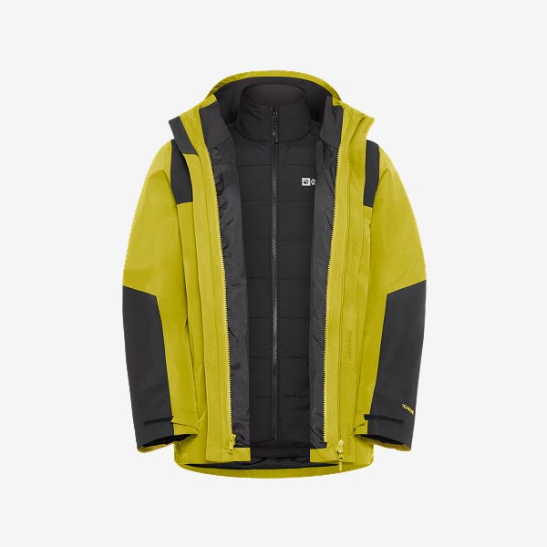 Chaqueta amarilla 3 en 1 de Jasper para hombres con capucha y parches negros a contraste en los hombros y las mangas.